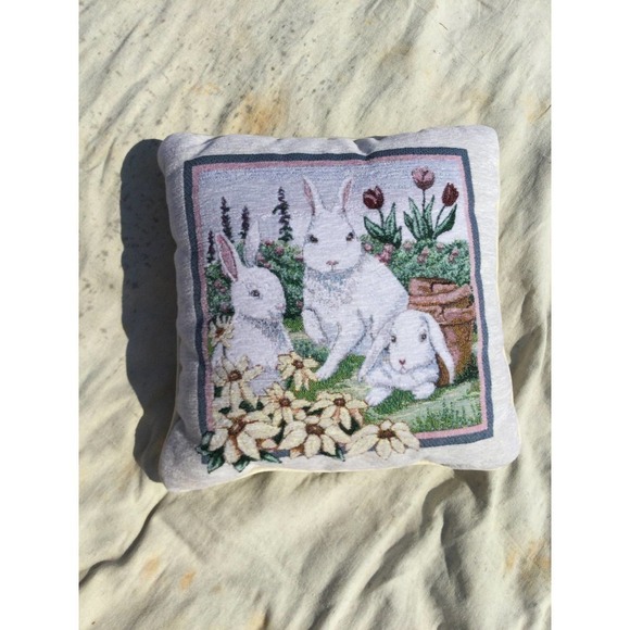 Bunny tapestry accent pillow French Country white rabbit floral tulip spring - Picture 2 of 10